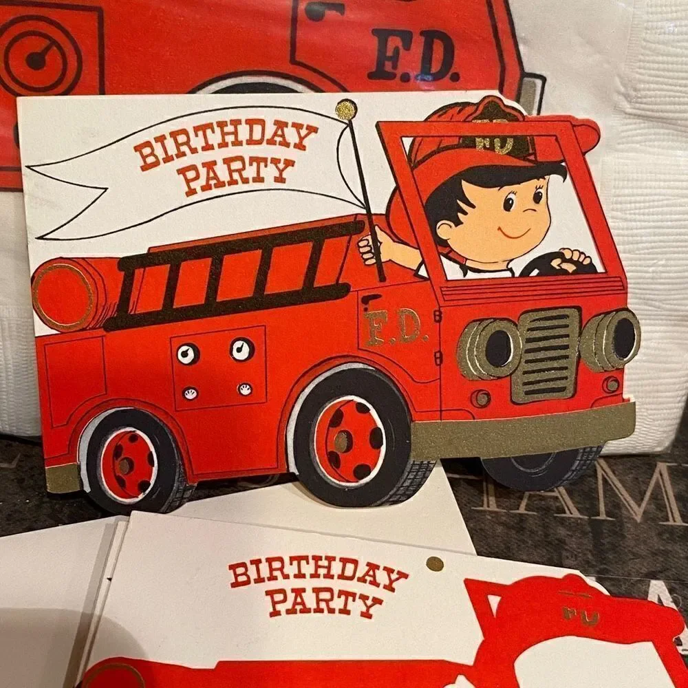 Vintage Firetruck Birthday Invitations and Napkins
